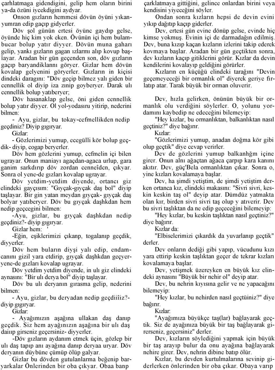 Aradan bir gün geçenden son, döv gızların gaçıp baryandiklannı göryer. Gizlar hem dövün kovalap gelyenini göryerler.