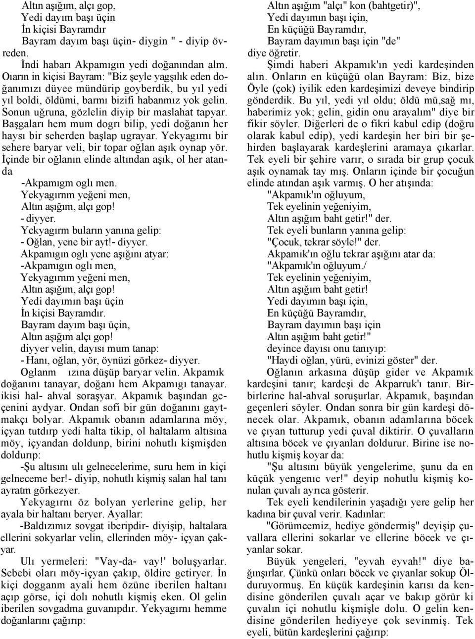 Başgaları hem mum dogrı bilip, yedi doğanın her haysı bir seherden başlap ugrayar. Yekyagırnı bir sehere baryar veli, bir topar oğlan aşık oynap yör.