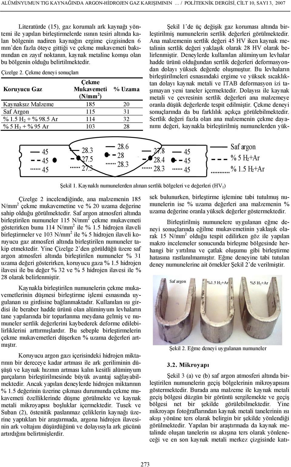 Çizelge 2. Çekme deneyi sonuçları Koruyucu Gaz Çekme Mukavemeti % Uzama (N/mm 2 ) sız Malzeme 185 20 Saf Argon 115 31 % 1.5 H 2 + % 98.5 Ar 114 32 % 5 H 2 + % 95 Ar 103 28 4 5 4 5 2 8. 3 2 7. 5 27.