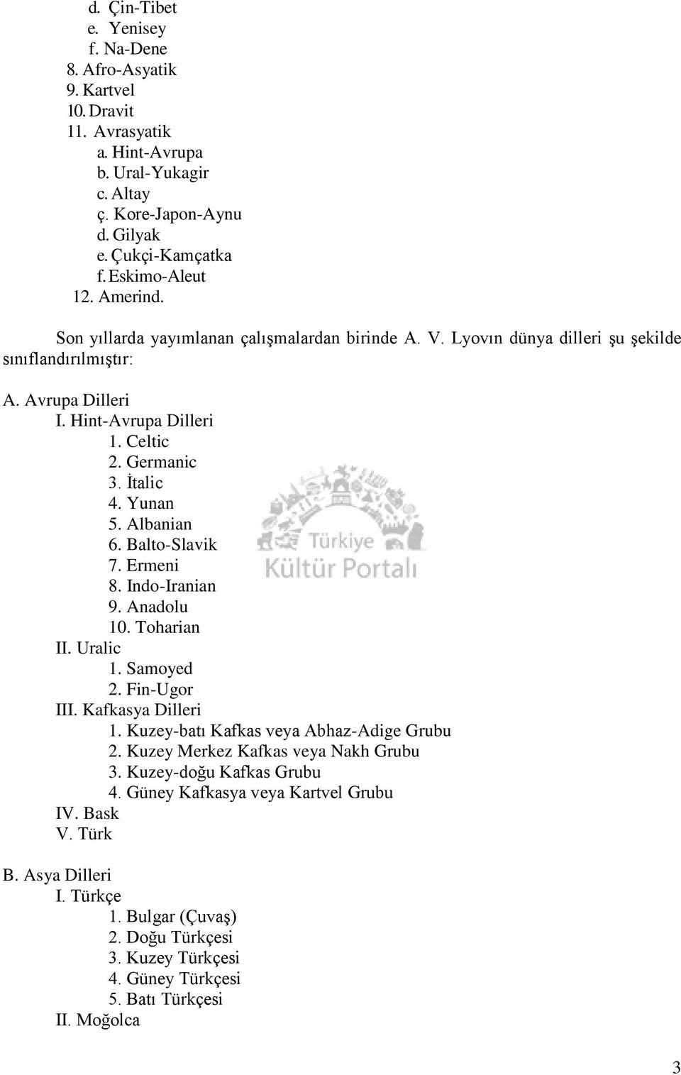 Albanian 6. Balto-Slavik 7. Ermeni 8. Indo-Iranian 9. Anadolu 10. Toharian II. Uralic 1. Samoyed 2. Fin-Ugor III. Kafkasya Dilleri 1. Kuzey-batı Kafkas veya Abhaz-Adige Grubu 2.