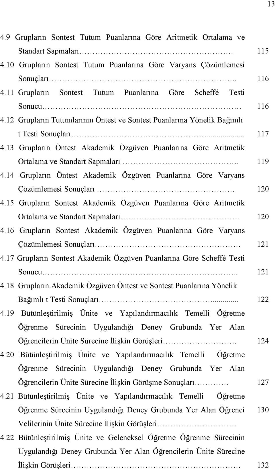 13 Gruplarn Öntest Akademik Özgüven Puanlarna Göre Aritmetik Ortalama ve Standart Sapmalar.. 119 4.14 Gruplarn Öntest Akademik Özgüven Puanlarna Göre Varyans Çözümlemesi Sonuçlar. 120 4.