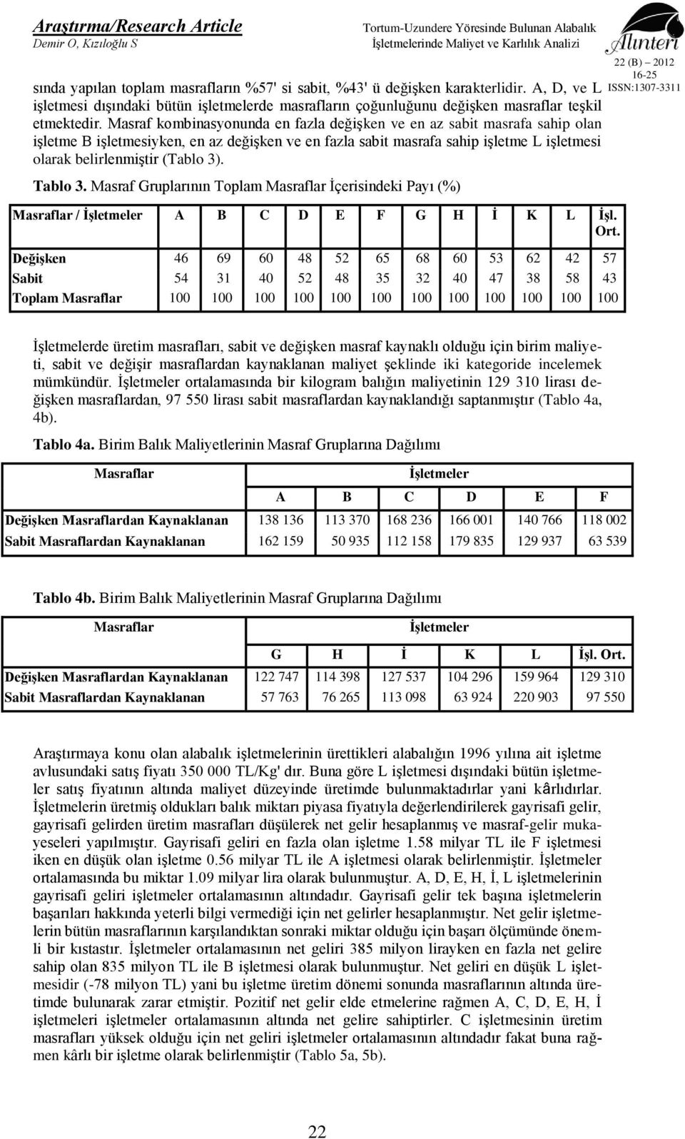 Tablo 3. Masraf Gruplarının Toplam Masraflar İçerisindeki Payı (%) Masraflar / A B C D E F G H İ K L İşl. Ort.