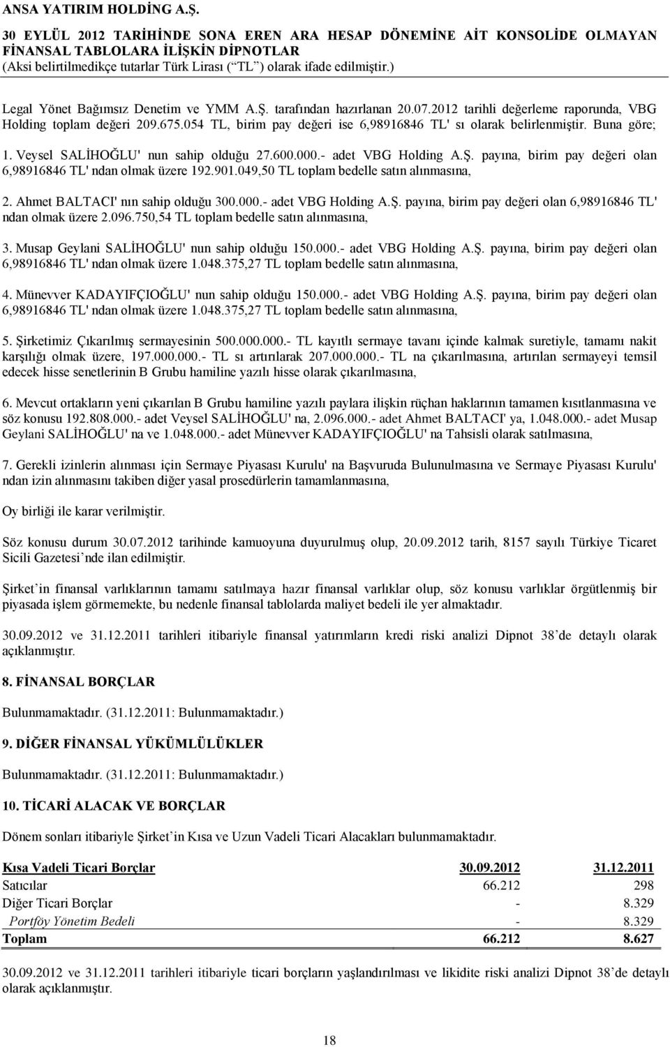 payına, birim pay değeri olan 6,98916846 TL' ndan olmak üzere 192.901.049,50 TL toplam bedelle satın alınmasına, 2. Ahmet BALTACI' nın sahip olduğu 300.000.- adet VBG Holding A.Ş.