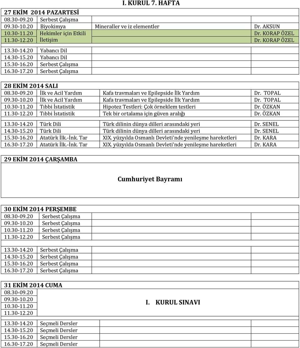 30-11.20 Tıbbi İstatistik Hipotez Testleri: Çok örneklem testleri Dr. ÖZKAN 11.30-12.20 Tıbbi İstatistik Tek bir ortalama için güven aralığı Dr.