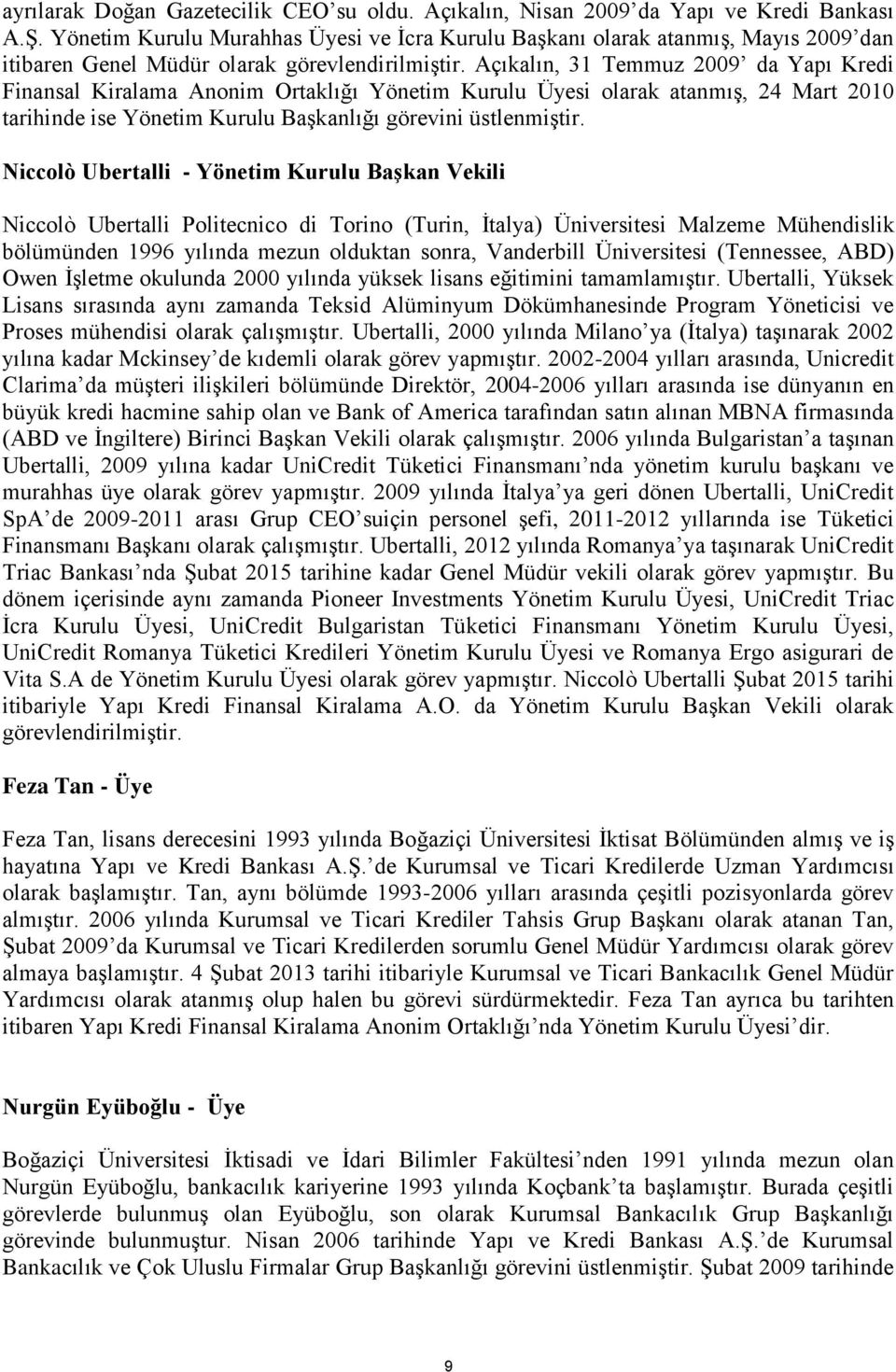 Açıkalın, 31 Temmuz 2009 da Yapı Kredi Finansal Kiralama Anonim Ortaklığı Yönetim Kurulu Üyesi olarak atanmış, 24 Mart 2010 tarihinde ise Yönetim Kurulu Başkanlığı görevini üstlenmiştir.