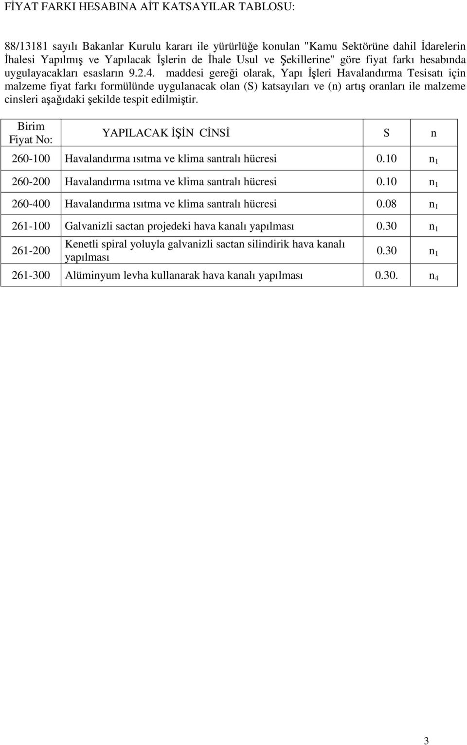 maddesi gereği olarak, Yapı Đşleri Havalandırma Tesisatı için malzeme fiyat farkı formülünde uygulanacak olan (S) katsayıları ve (n) artış oranları ile malzeme cinsleri aşağıdaki şekilde tespit