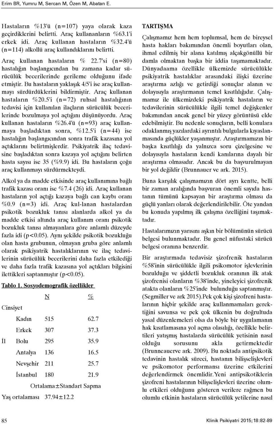 Bu hastalarýn yaklaþýk 4/5'i ise araç kullanmayý sürdürdüklerini bildirmiþtir. Araç kullanan hastalarýn %20.