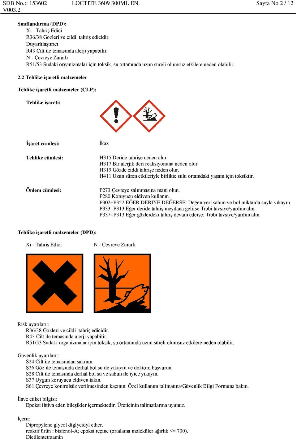 2 Tehlike işaretli malzemeler Tehlike işaretli malzemeler (CLP): Tehlike işareti: İşaret cümlesi: Tehlike cümlesi: Önlem cümlesi: İkaz H315 Deride tahrişe neden olur.
