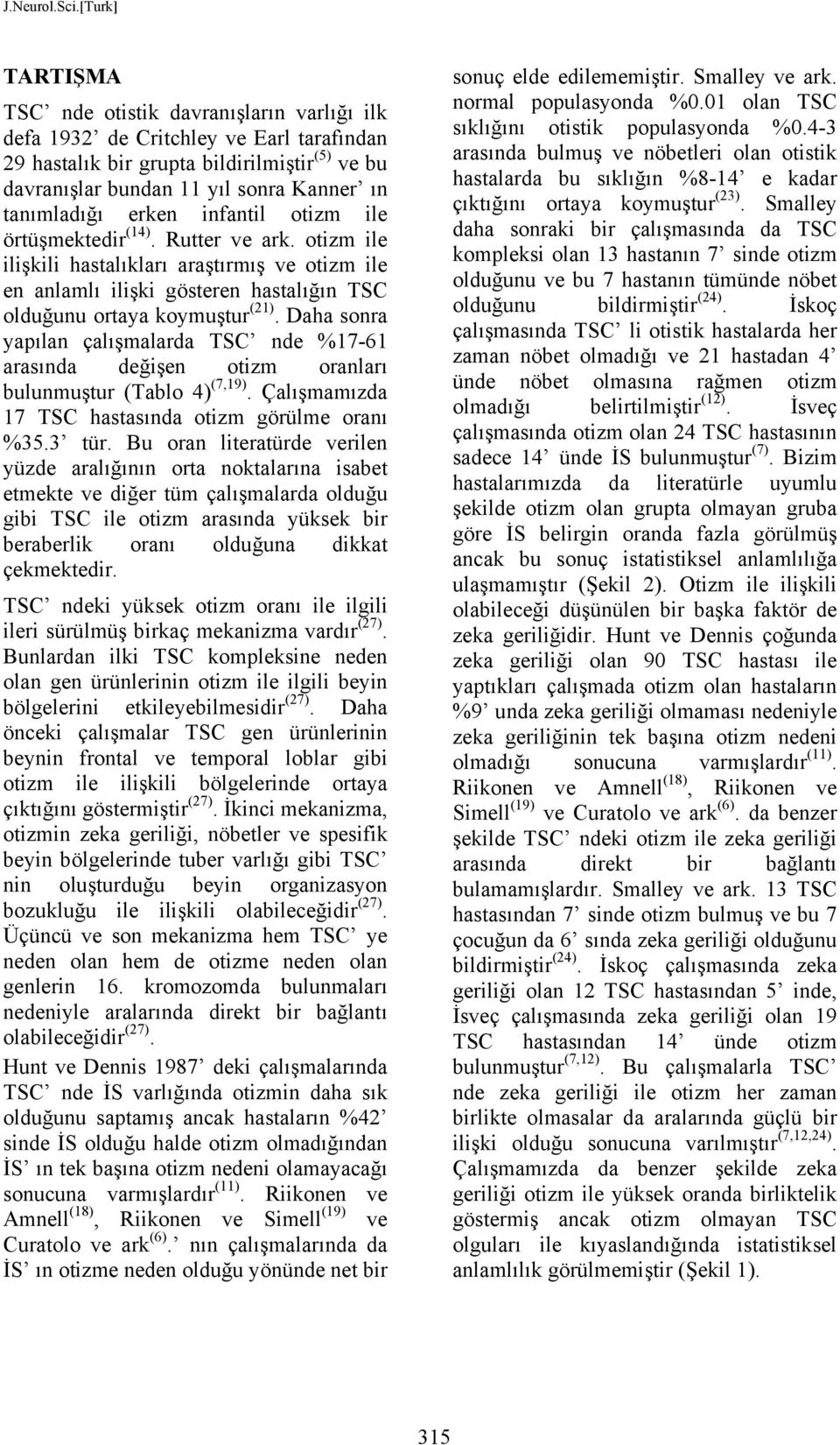 Daha sonra yapılan çalışmalarda TSC nde %17-61 arasında değişen otizm oranları bulunmuştur (Tablo 4) (7,19). Çalışmamızda 17 TSC hastasında otizm görülme oranı %35.3 tür.