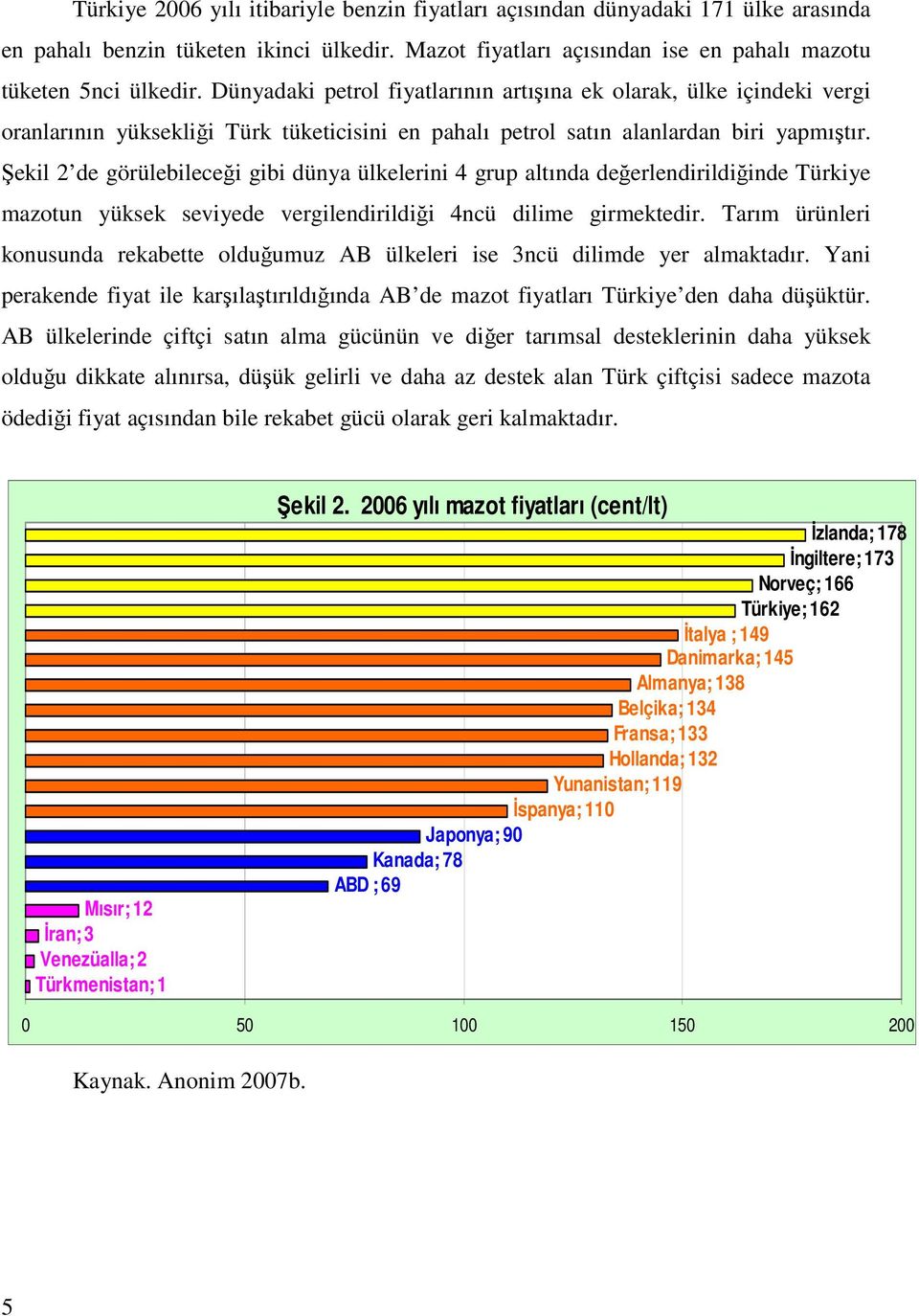 Şekil 2 de görülebileceği gibi dünya ülkelerini 4 grup altında değerlendirildiğinde Türkiye mazotun yüksek seviyede vergilendirildiği 4ncü dilime girmektedir.