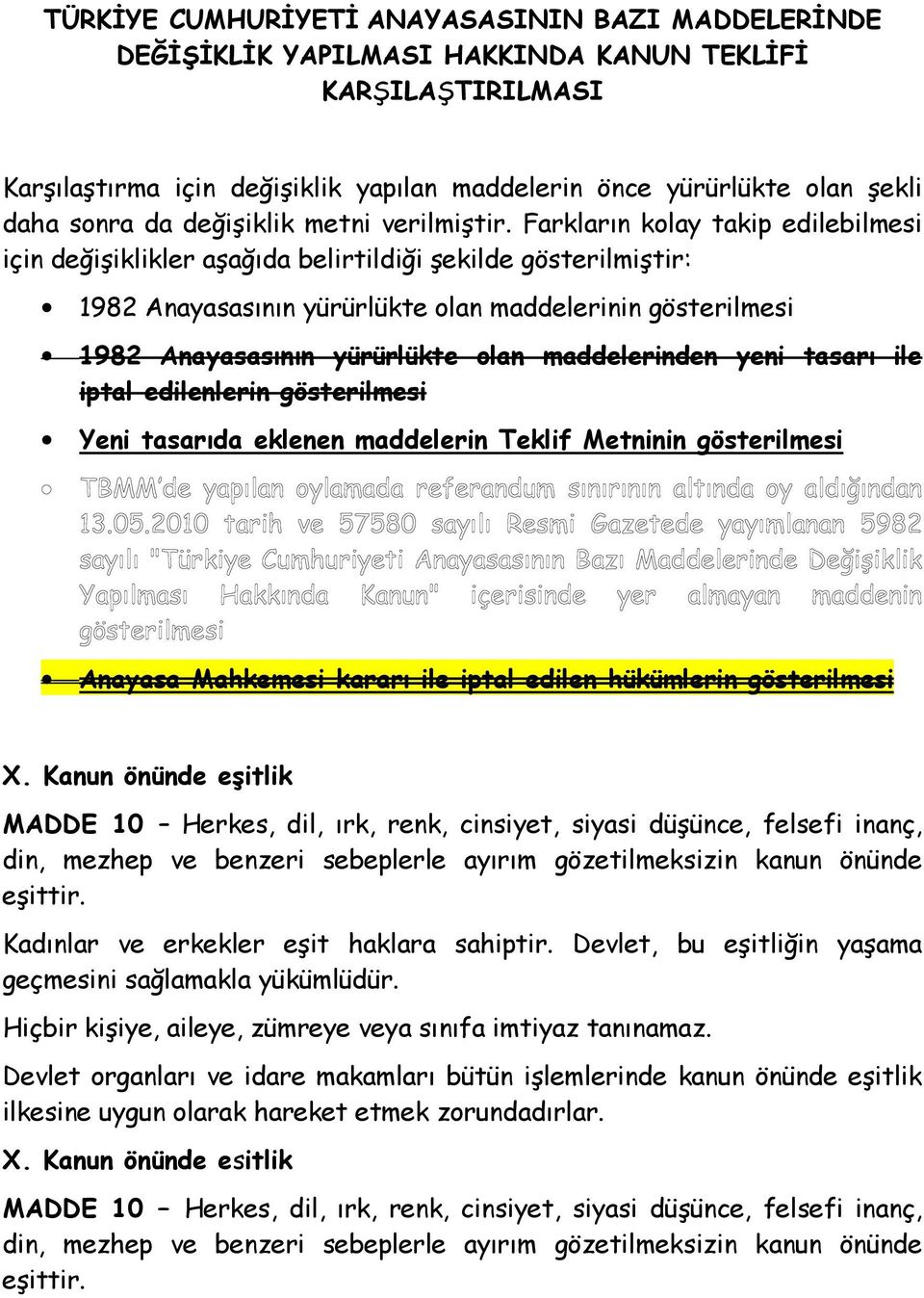 Farkların kolay takip edilebilmesi için değişiklikler aşağıda belirtildiği şekilde gösterilmiştir: 1982 Anayasasının yürürlükte olan maddelerinin gösterilmesi 1982 Anayasasının yürürlükte olan