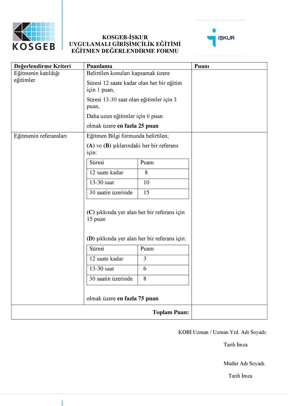 belirtilen; (A) ve (B) şıklarındaki her bir referans için: Süresi Puanı 12 saate kadar 8 13-30 saat 10 30 saatin üzerinde 15 (C) şıkkında yer alan her bir referans için 15 puan (D) şıkkında yer
