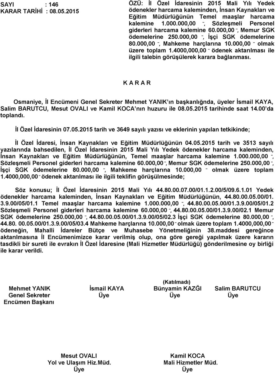 4000,000,00 ödenek aktarılması ile ilgili talebin görüşülerek karara bağlanması. Salim BARUTCU, ve nın huzuru ile 08.05.