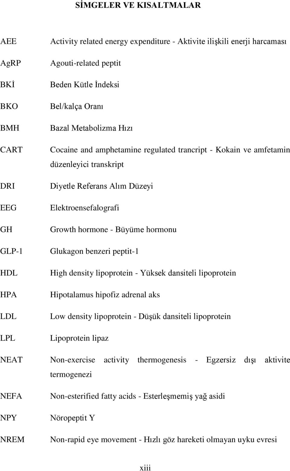 Büyüme hormonu Glukagon benzeri peptit-1 High density lipoprotein - Yüksek dansiteli lipoprotein Hipotalamus hipofiz adrenal aks Low density lipoprotein - Düşük dansiteli lipoprotein Lipoprotein