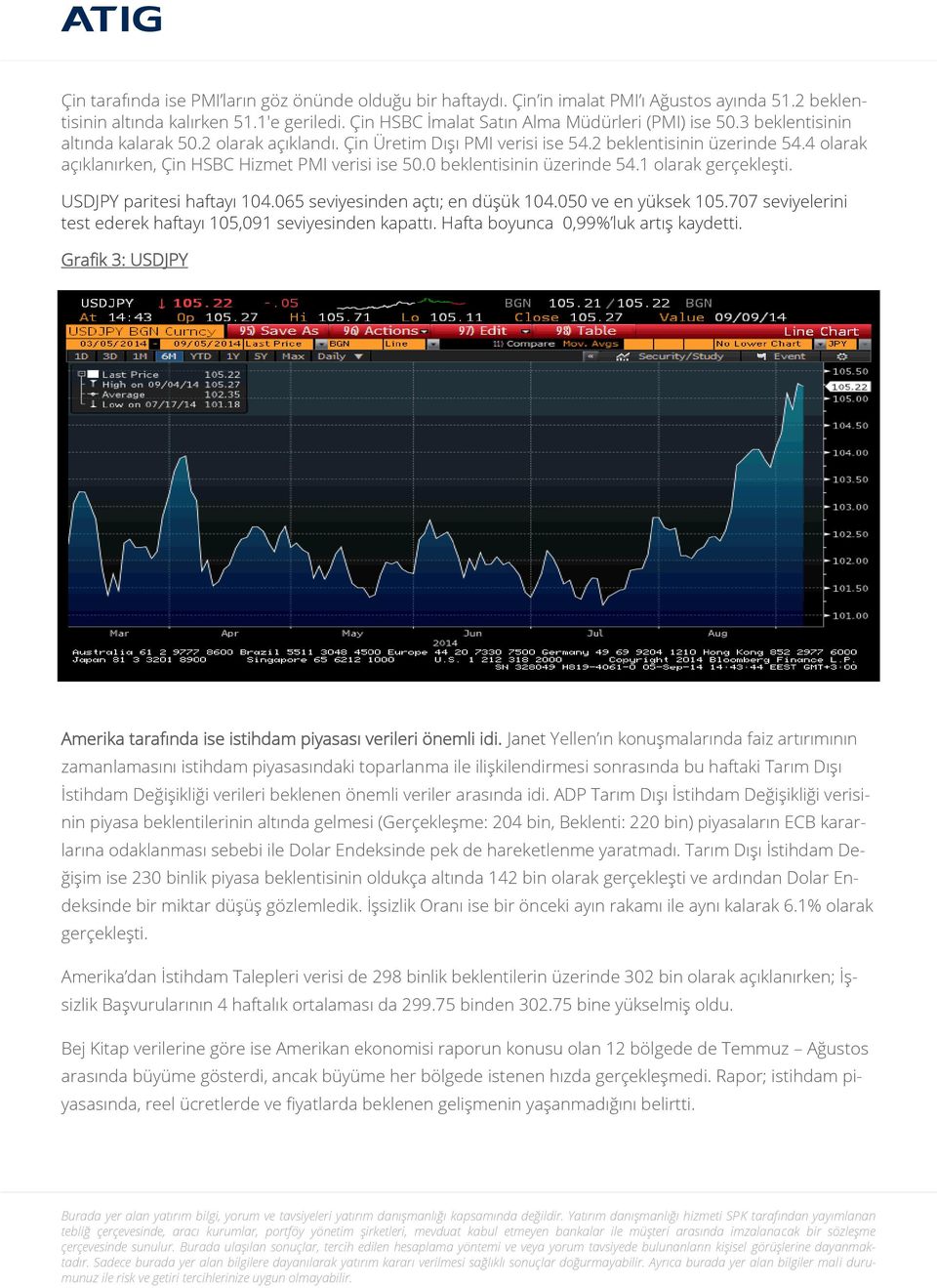 0 beklentisinin üzerinde 54.1 olarak gerçekleşti. USDJPY paritesi haftayı 104.065 seviyesinden açtı; en düşük 104.050 ve en yüksek 105.