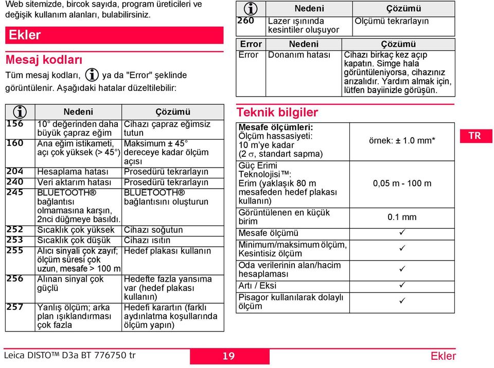 açısı 204 esaplama hatası Prosedürü tekrarlayın 240 Veri aktarım hatası Prosedürü tekrarlayın 245 BLUETOOT bağlantısı BLUETOOT bağlantısını oluşturun olmamasına karşın, 2nci düğmeye basıldı.