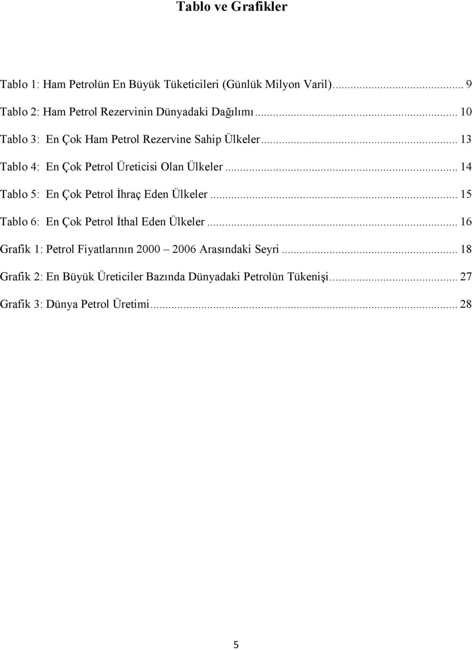 .. 13 Tablo 4: En Çok Petrol Üreticisi Olan Ülkeler... 14 Tablo 5: En Çok Petrol İhraç Eden Ülkeler.