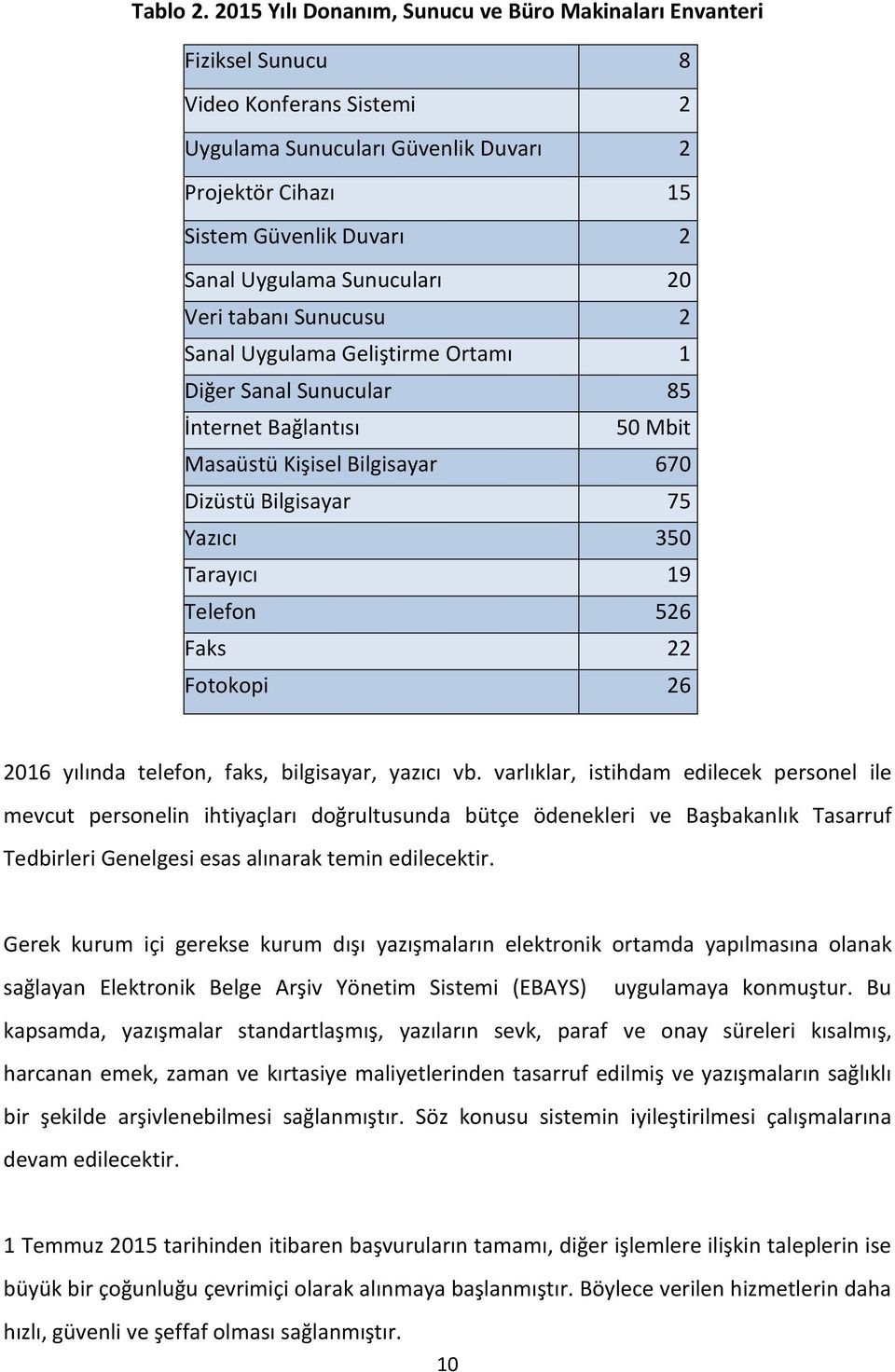 Sunucuları 20 Veri tabanı Sunucusu 2 Sanal Uygulama Geliştirme Ortamı 1 Diğer Sanal Sunucular 85 İnternet Bağlantısı 50 Mbit Masaüstü Kişisel Bilgisayar 670 Dizüstü Bilgisayar 75 Yazıcı 350 Tarayıcı