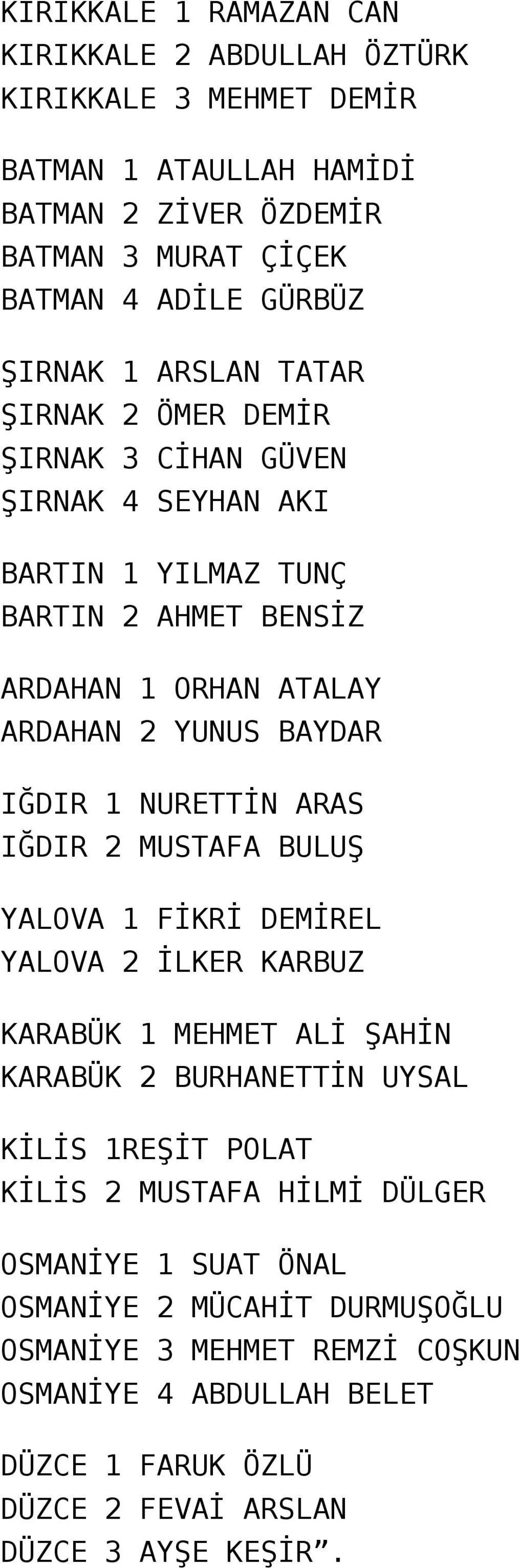 NURETTİN ARAS IĞDIR 2 MUSTAFA BULUŞ YALOVA 1 FİKRİ DEMİREL YALOVA 2 İLKER KARBUZ KARABÜK 1 MEHMET ALİ ŞAHİN KARABÜK 2 BURHANETTİN UYSAL KİLİS 1REŞİT POLAT KİLİS 2 MUSTAFA