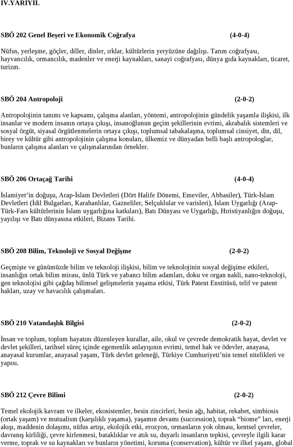 SBÖ 204 Antropoloji (2-0-2) Antropolojinin tanımı ve kapsamı, çalışma alanları, yöntemi, antropolojinin gündelik yaşamla ilişkisi, ilk insanlar ve modern insanın ortaya çıkışı, insanoğlunun geçim