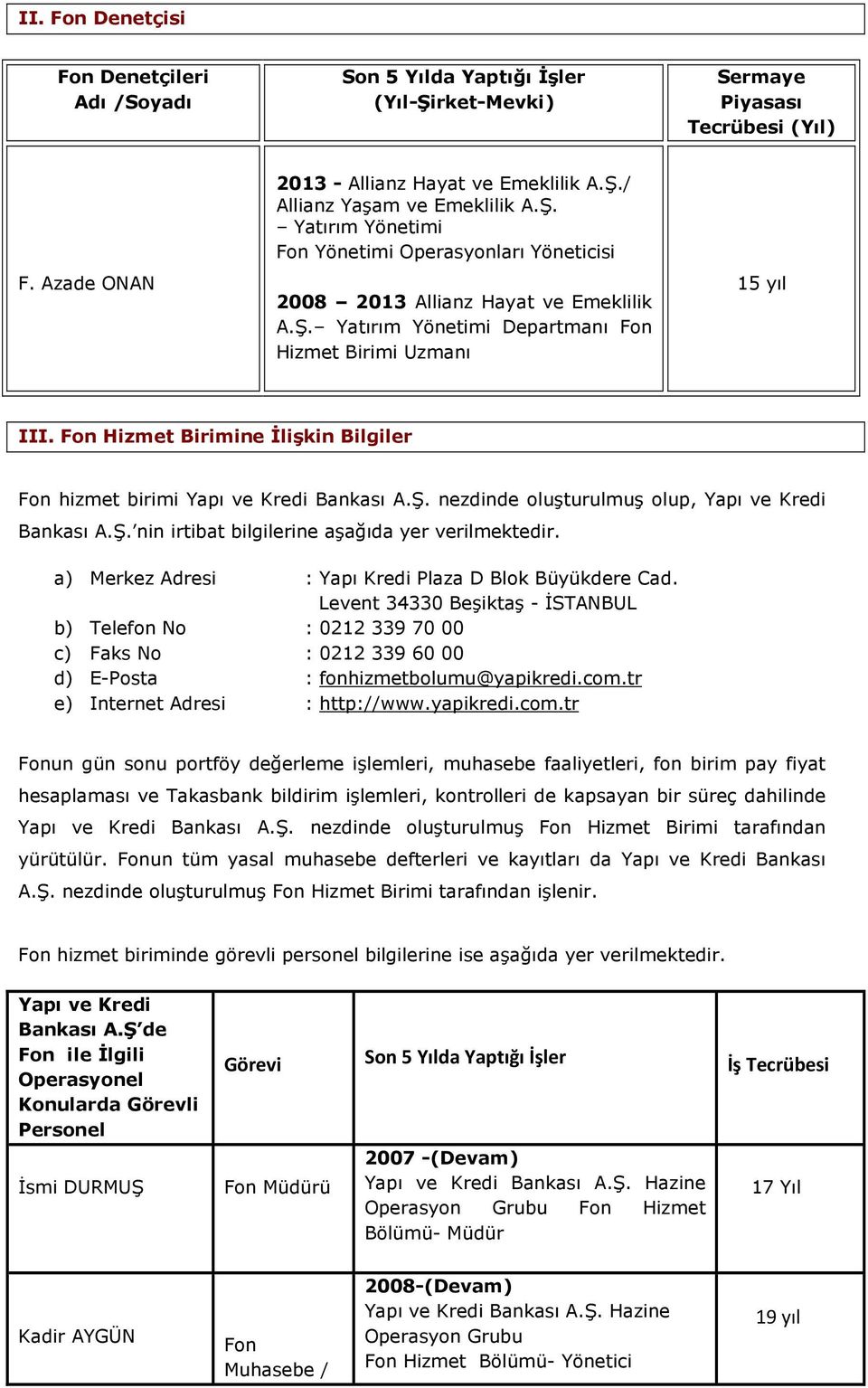 Fon Hizmet Birimine İlişkin Bilgiler Fon hizmet birimi Yapı ve Kredi Bankası A.Ş. nezdinde oluşturulmuş olup, Yapı ve Kredi Bankası A.Ş. nin irtibat bilgilerine aşağıda yer verilmektedir.