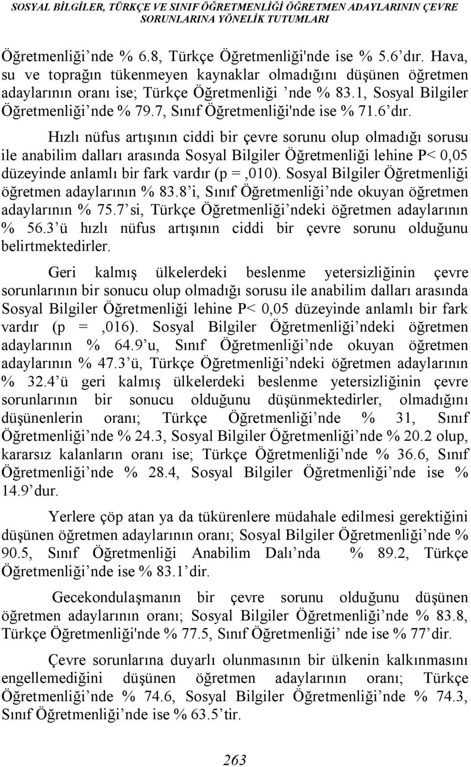 6 dır. Hızlı nüfus artışının ciddi bir çevre sorunu olup olmadığı sorusu ile anabilim dalları arasında Sosyal Bilgiler Öğretmenliği lehine P< 0,05 düzeyinde anlamlı bir fark vardır (p =,010).