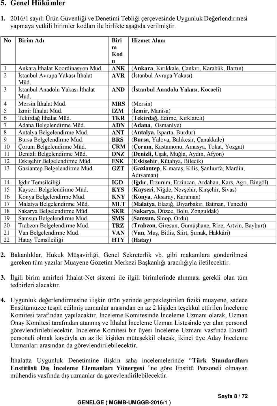 3 İstanbul Anadolu Yakası İthalat AND (İstanbul Anadolu Yakası, Kocaeli) Müd. 4 Mersin İthalat Müd. MRS (Mersin) 5 İzmir İthalat Müd. İZM (İzmir, Manisa) 6 Tekirdağ İthalat Müd.