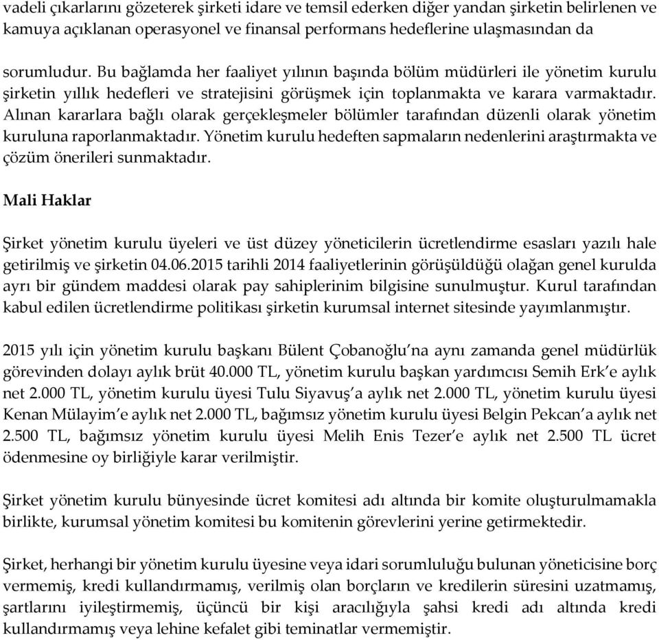 Alınan kararlara bağlı olarak gerçekleşmeler bölümler tarafından düzenli olarak yönetim kuruluna raporlanmaktadır.