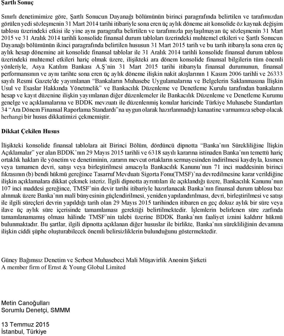 finansal durum tabloları üzerindeki muhtemel etkileri ve Şartlı Sonucun Dayanağı bölümünün ikinci paragrafında belirtilen hususun 31 Mart 2015 tarih ve bu tarih itibarıyla sona eren üç aylık hesap