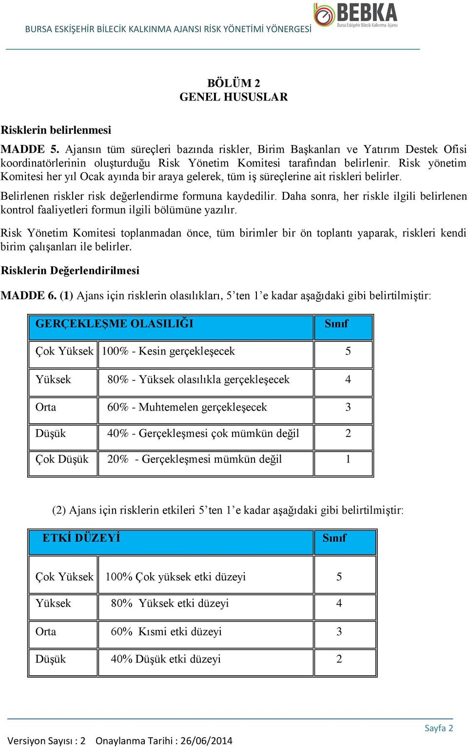 Risk yönetim Komitesi her yıl Ocak ayında bir araya gelerek, tüm iş süreçlerine ait riskleri belirler. Belirlenen riskler risk değerlendirme formuna kaydedilir.