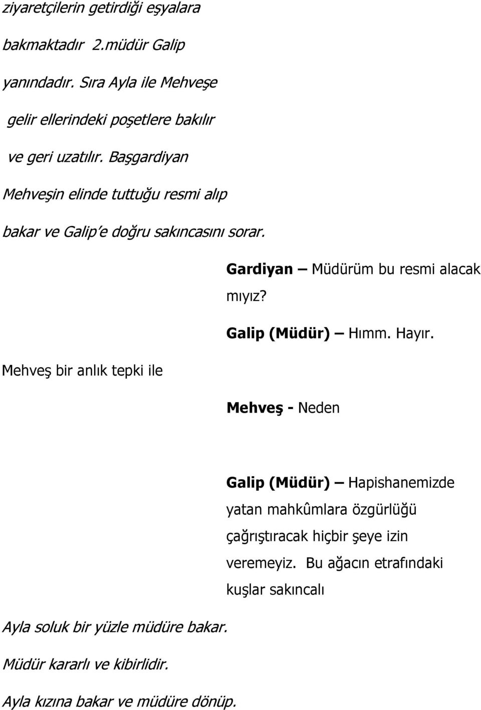 Başgardiyan Mehveşin elinde tuttuğu resmi alıp bakar ve Galip e doğru sakıncasını sorar. Gardiyan Müdürüm bu resmi alacak mıyız?