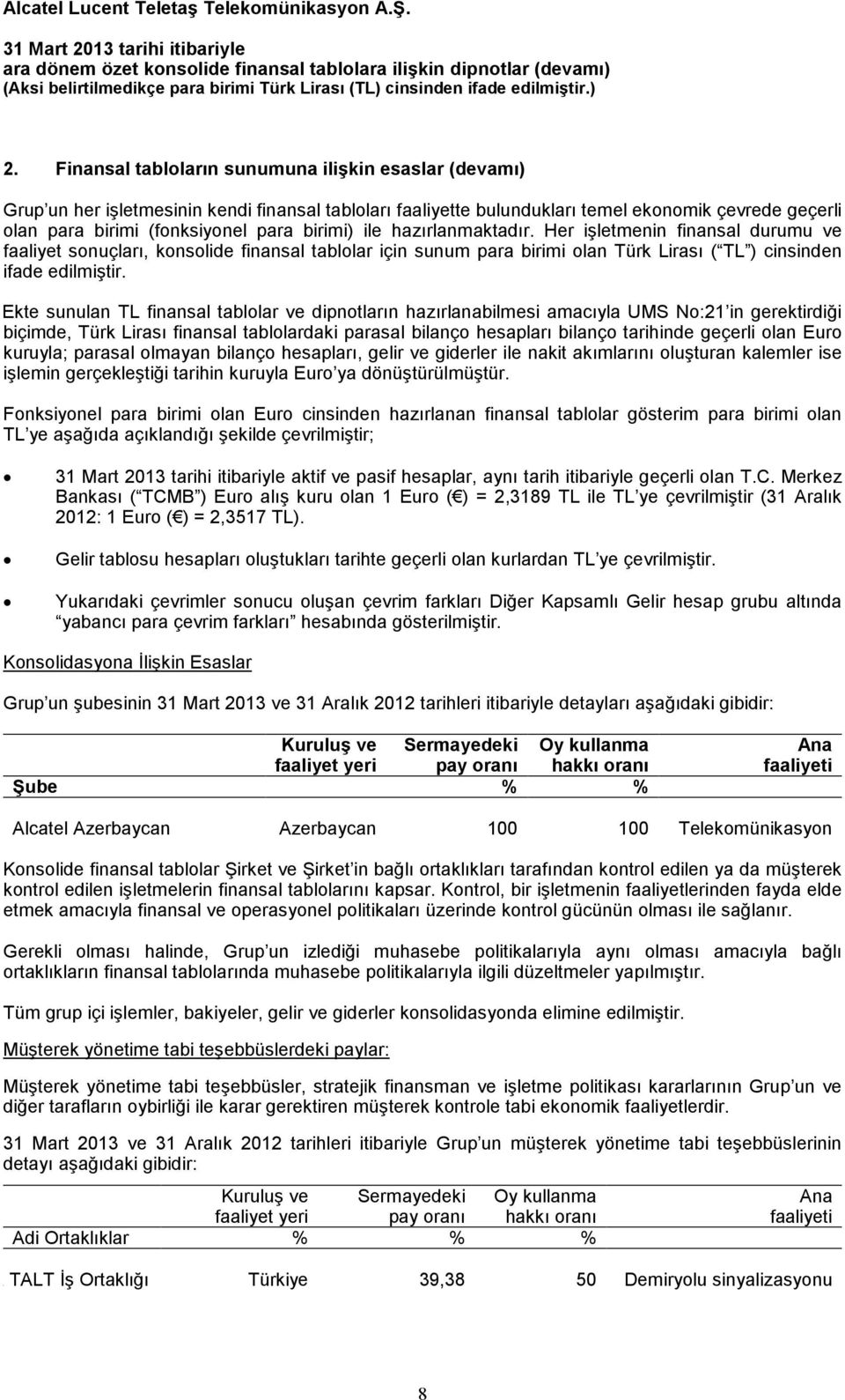 Ekte sunulan TL finansal tablolar ve dipnotların hazırlanabilmesi amacıyla UMS No:21 in gerektirdiği biçimde, Türk Lirası finansal tablolardaki parasal bilanço hesapları bilanço tarihinde geçerli