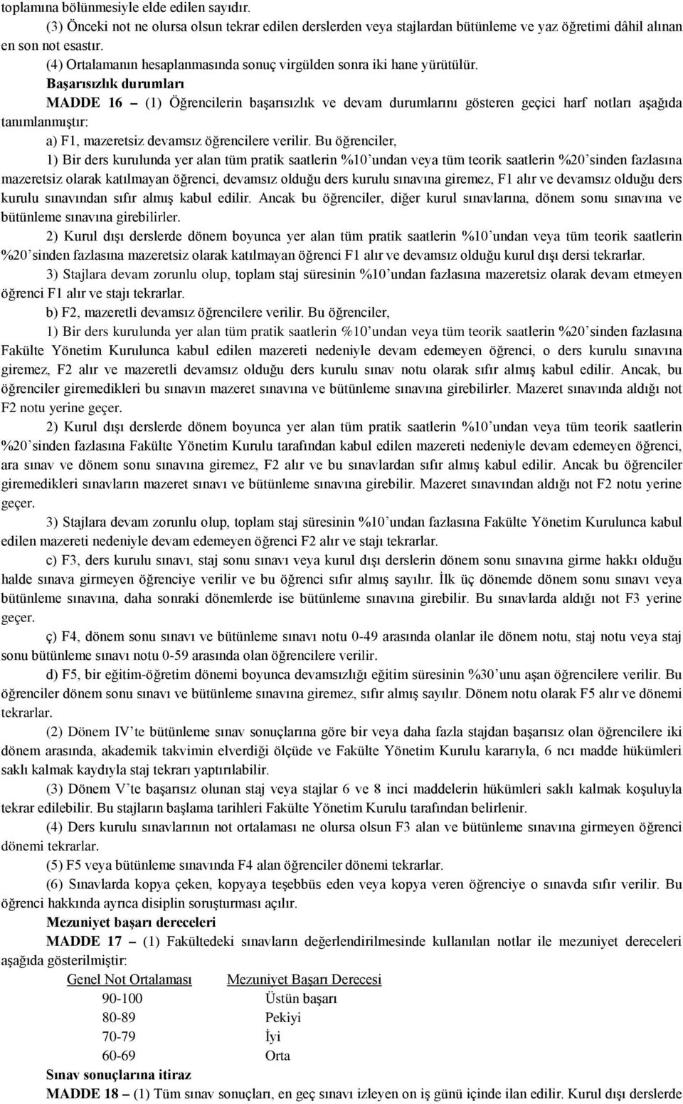 Başarısızlık durumları MADDE 16 (1) Öğrencilerin başarısızlık ve devam durumlarını gösteren geçici harf notları aşağıda tanımlanmıştır: a) F1, mazeretsiz devamsız öğrencilere verilir.