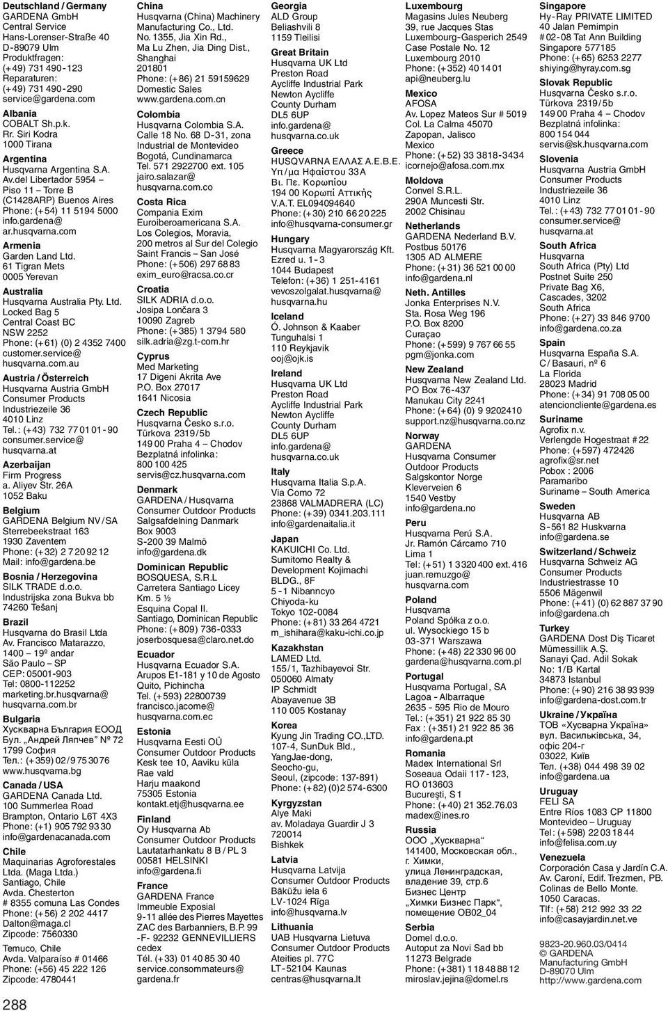 com Armenia Garden Land Ltd. 61 Tigran Mets 0005 Yerevan Australia Husqvarna Australia Pty. Ltd. Locked Bag 5 Central Coast BC NSW 2252 Phone: (+61) (0) 2 4352 7400 customer.service@ husqvarna.com.au Austria / Österreich Husqvarna Austria GmbH Consumer Products Industriezeile 36 4010 Linz Tel.