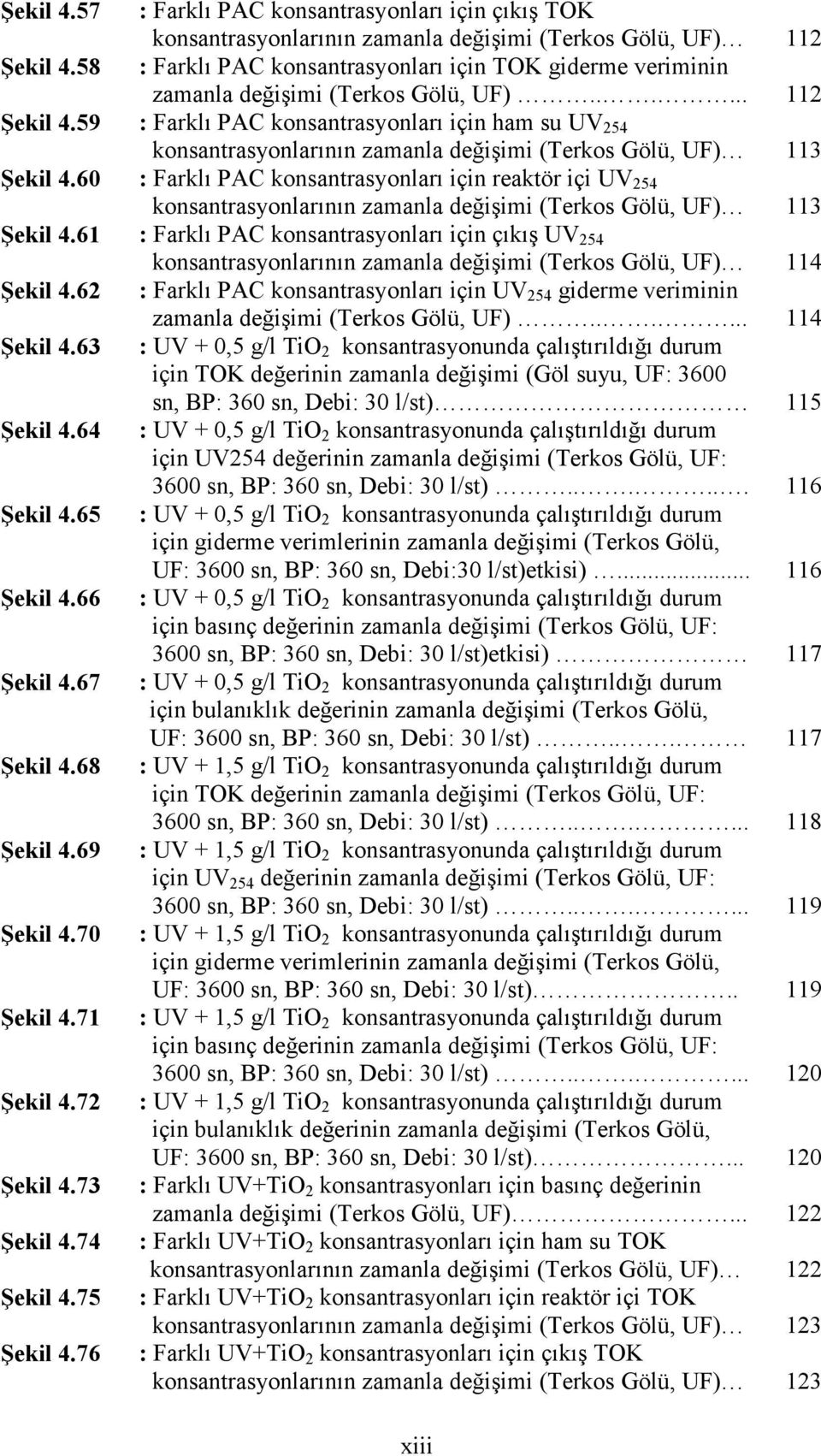 59 : Farklı PAC konsantrasyonları için ham su UV 254 konsantrasyonlarının zamanla değişimi (Terkos Gölü, UF) 113 Şekil 4.