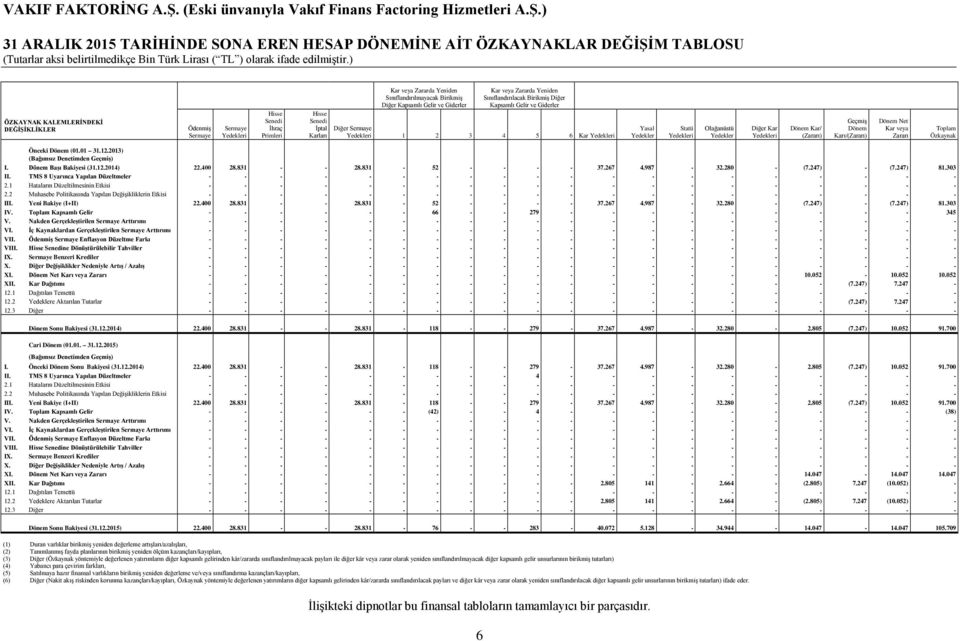 Yasal Yedekler Statü Yedekleri Olağanüstü Yedekler Diğer Kar Yedekleri Dönem Kar/ (Zararı) Geçmiş Dönem Karı/(Zararı) Dönem Net Kar veya Zararı Toplam Özkaynak Önceki Dönem (01.01 31.12.