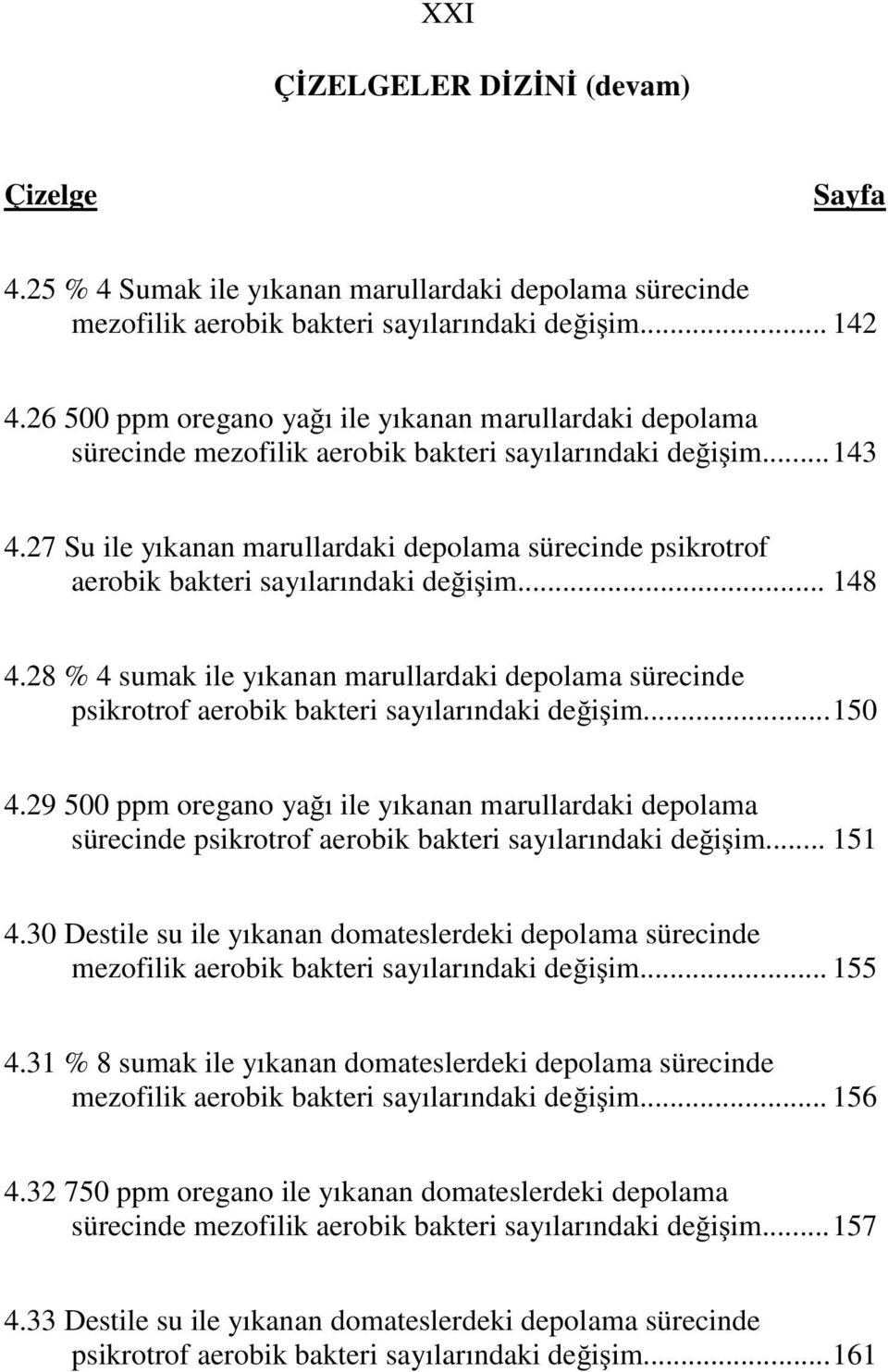 27 Su ile yıkanan marullardaki depolama sürecinde psikrotrof aerobik bakteri sayılarındaki de i im... 148 4.