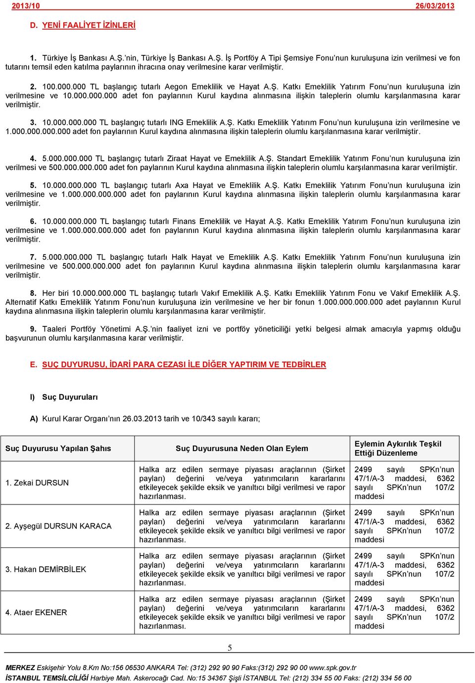 000 TL baģlangıç tutarlı Aegon Emeklilik ve Hayat A.ġ. Katkı Emeklilik Yatırım Fonu nun kuruluģuna izin verilmesine ve 10.000.000.000 adet fon paylarının Kurul kaydına alınmasına iliģkin taleplerin olumlu karģılanmasına karar verilmiģtir.