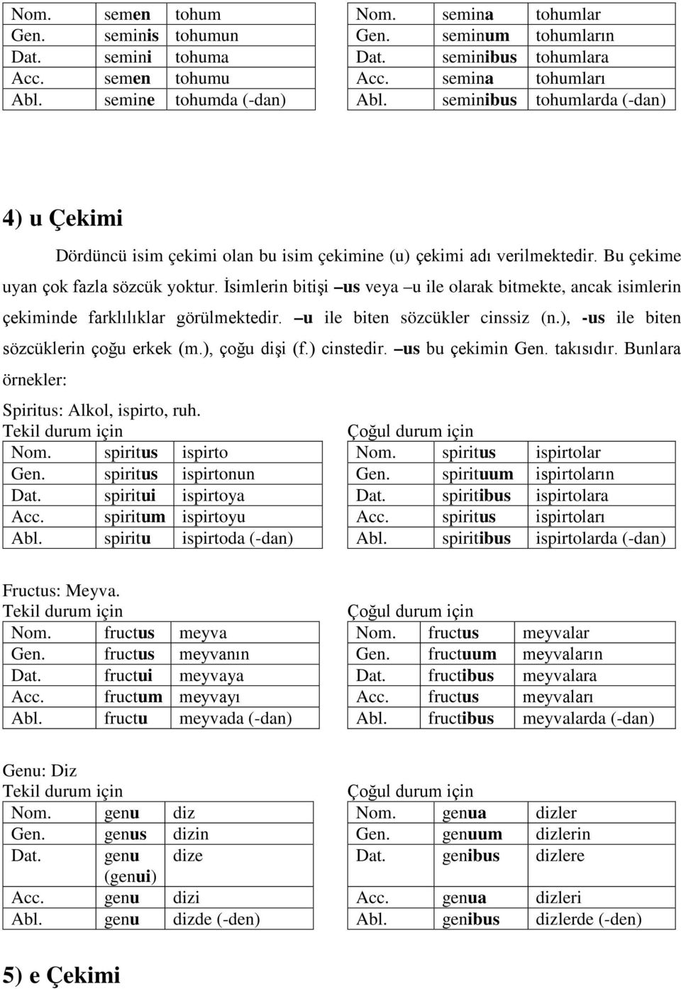 İsimlerin bitişi us veya u ile olarak bitmekte, ancak isimlerin çekiminde farklılıklar görülmektedir. u ile biten sözcükler cinssiz (n.), -us ile biten sözcüklerin çoğu erkek (m.), çoğu dişi (f.