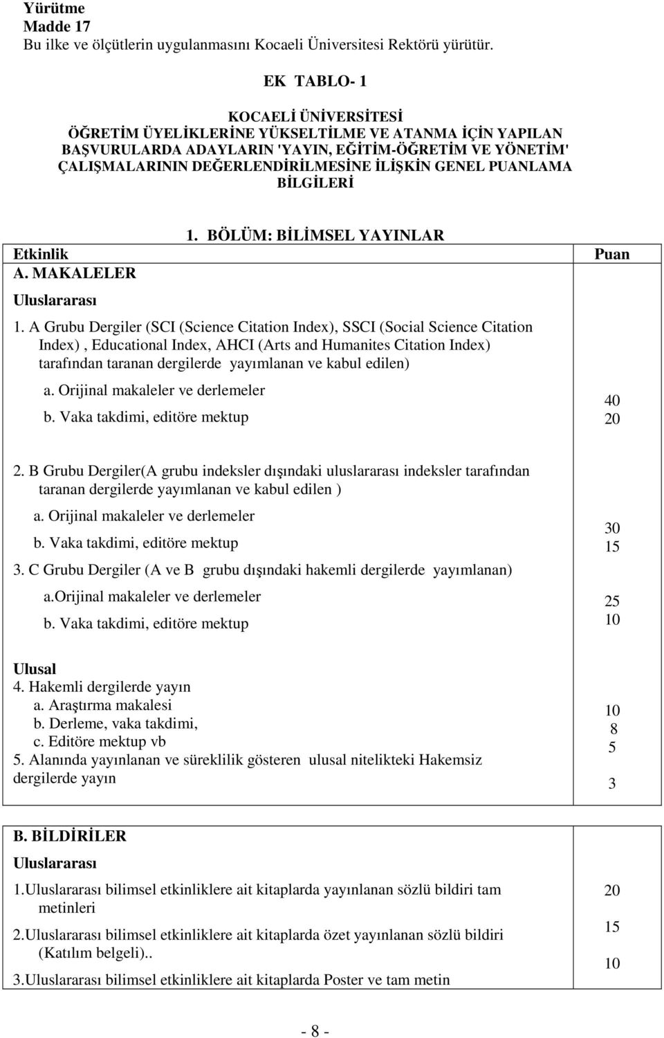 PUANLAMA BĐLGĐLERĐ Etkinlik A. MAKALELER 1. BÖLÜM: BĐLĐMSEL YAYINLAR 1.