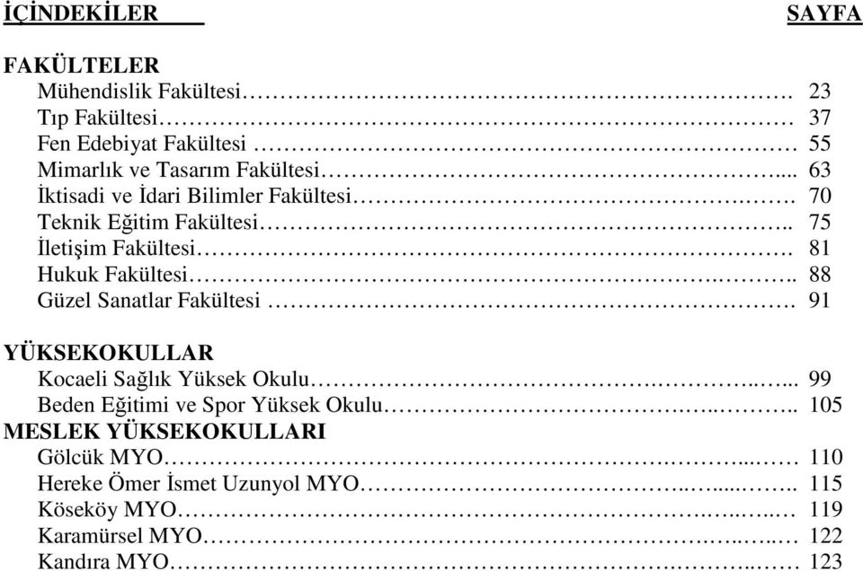 .. 88 Güzel Sanatlar Fakültesi. 91 YÜKSEKOKULLAR Kocaeli Sağlık Yüksek Okulu...... 99 Beden Eğitimi ve Spor Yüksek Okulu.