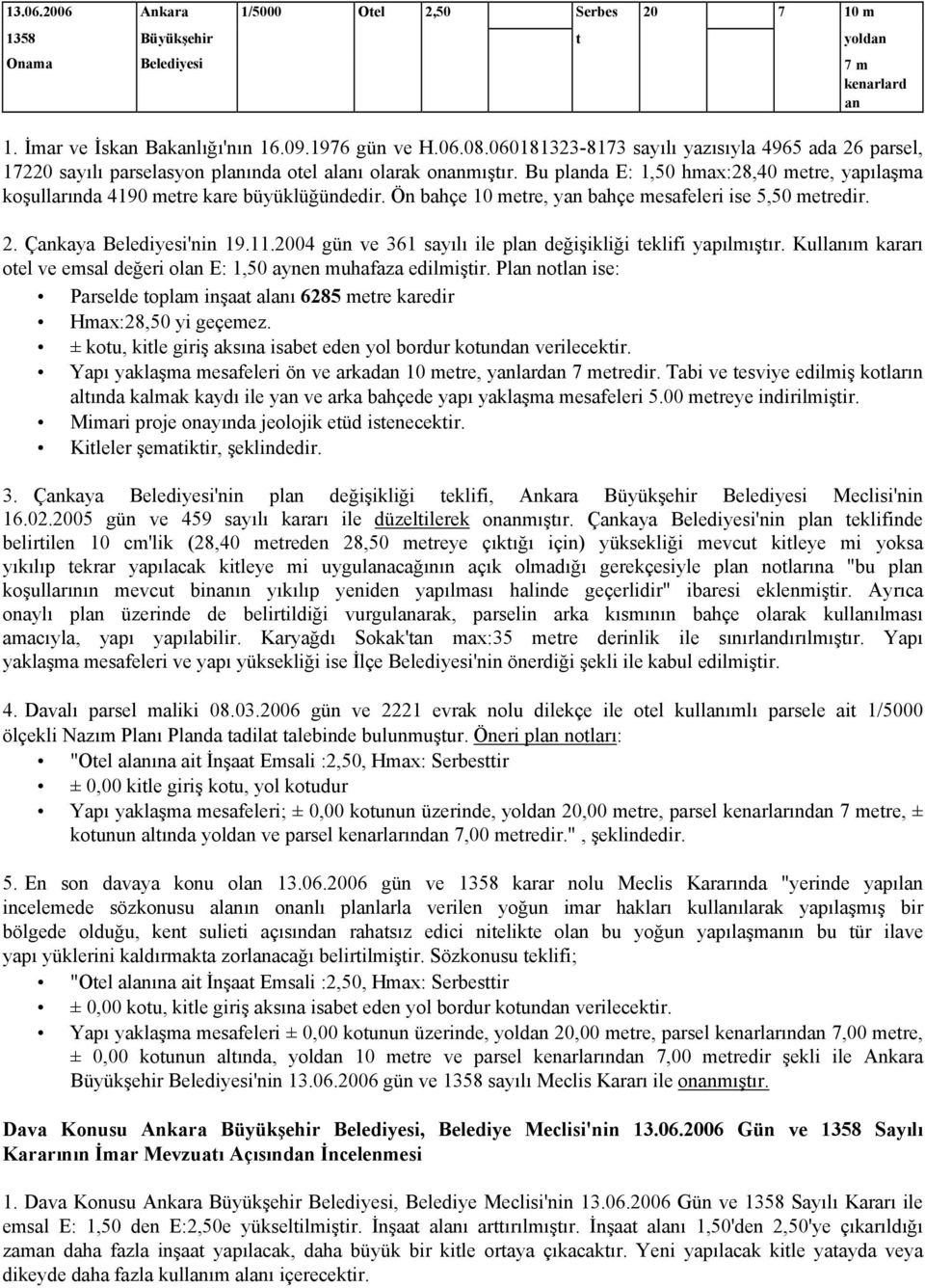 Bu planda E: 1,50 hmax:28,40 metre, yapılaşma koşullarında 4190 metre kare büyüklüğündedir. Ön bahçe 10 metre, yan bahçe mesafeleri ise 5,50 metredir. 2. Çankaya Belediyesi'nin 19.11.