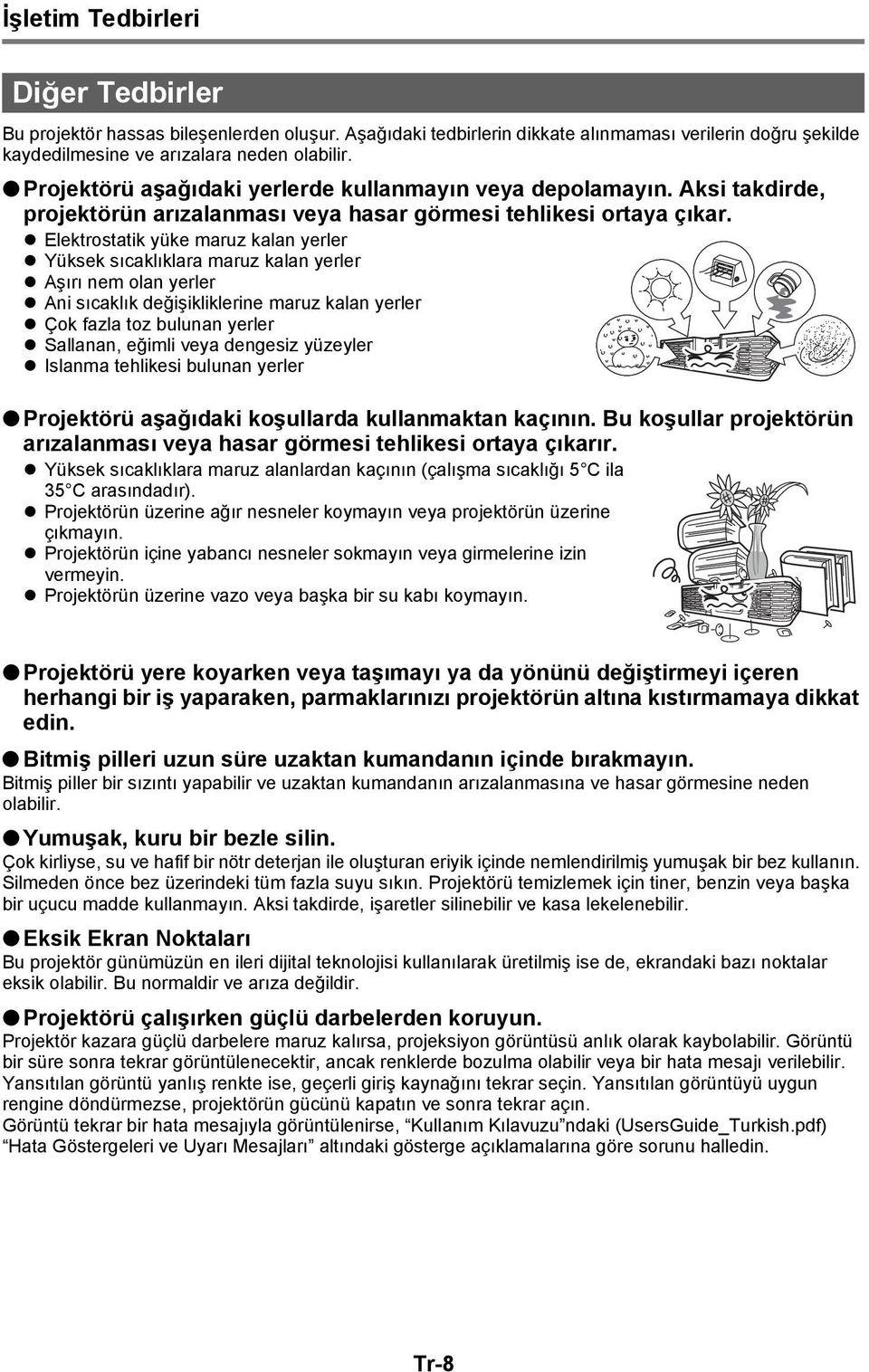 Elektrostatik yüke maruz kalan yerler Yüksek sıcaklıklara maruz kalan yerler Aşırı nem olan yerler Ani sıcaklık değişikliklerine maruz kalan yerler Çok fazla toz bulunan yerler Sallanan, eğimli veya