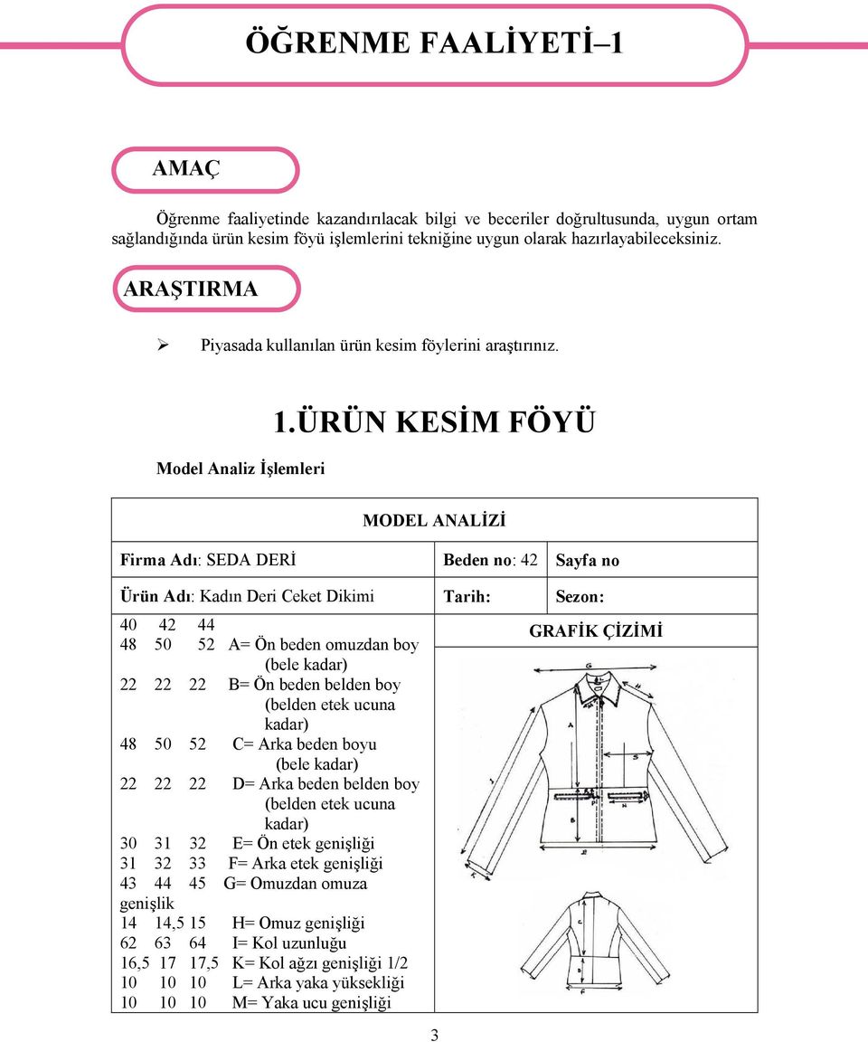 ÜRÜN KESİM FÖYÜ MODEL ANALİZİ Firma Adı: SEDA DERİ Beden no: 42 Sayfa no Ürün Adı: Kadın Deri Ceket Dikimi Tarih: Sezon: 40 42 44 48 50 52 A= Ön beden omuzdan boy (bele kadar) 22 22 22 B= Ön beden