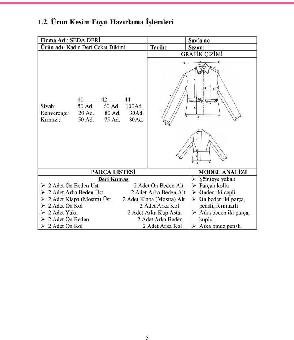 PARÇA LİSTESİ Deri Kumaş 2 Adet Ön Beden Üst 2 Adet Ön Beden Alt 2 Adet Arka Beden Üst 2 Adet Arka Beden Alt 2 Adet Klapa (Mostra) Üst 2 Adet Klapa (Mostra) Alt 2
