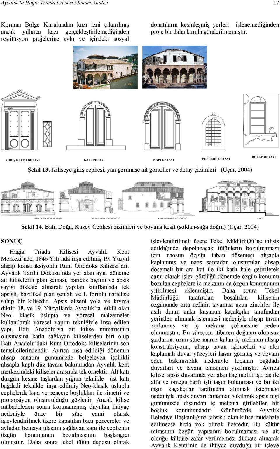 Batı, Doğu, Kuzey Cephesi çizimleri ve boyuna kesit (soldan-sağa doğru) (Uçar, 2004) SONUÇ Hagia Triada Kilisesi Ayvalık Kent Merkezi nde, 1846 Yılı nda inşa edilmiş 19.