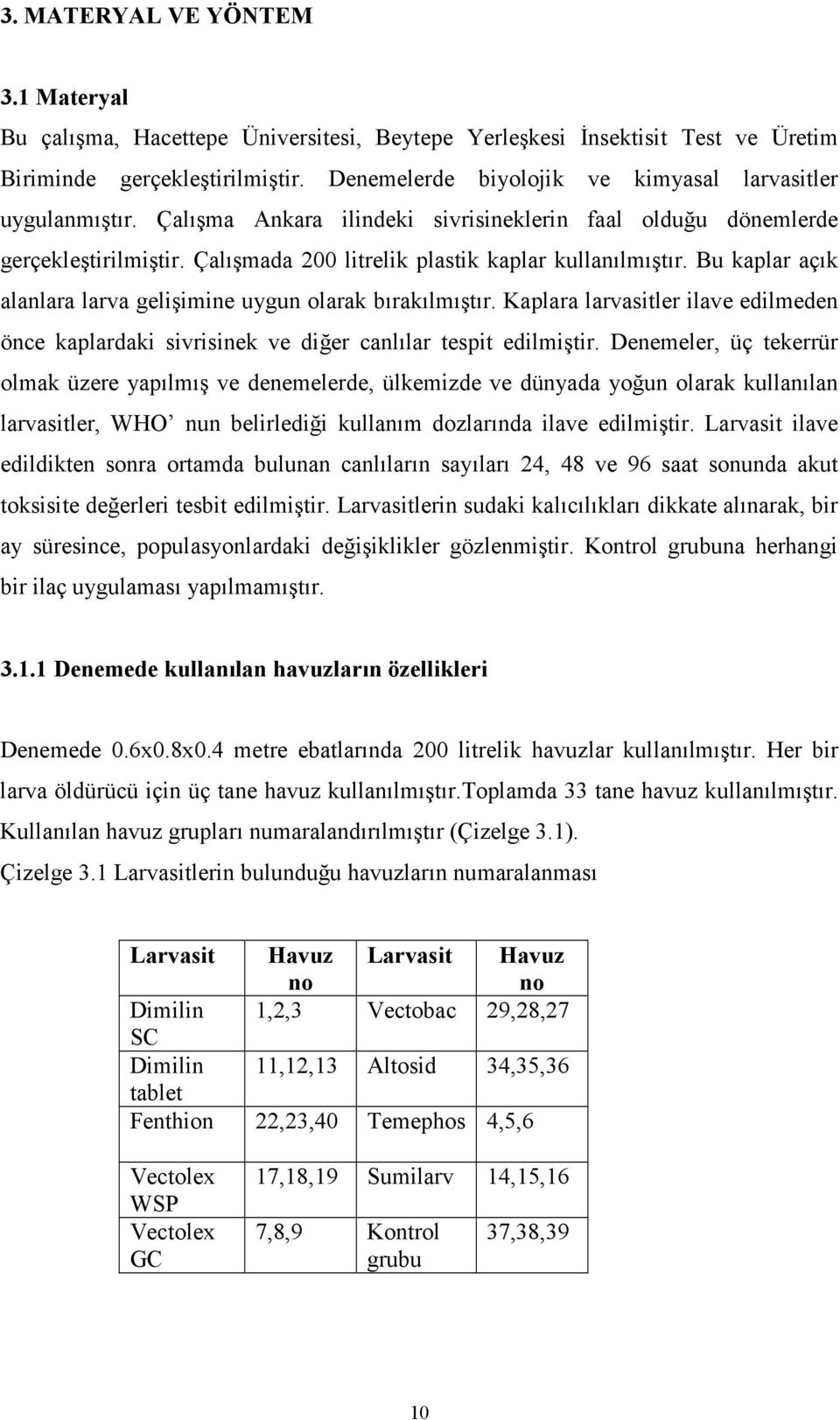 Bu kaplar açık alanlara larva gelişimine uygun olarak bırakılmıştır. Kaplara larvasitler ilave edilmeden önce kaplardaki sivrisinek ve diğer canlılar tespit edilmiştir.