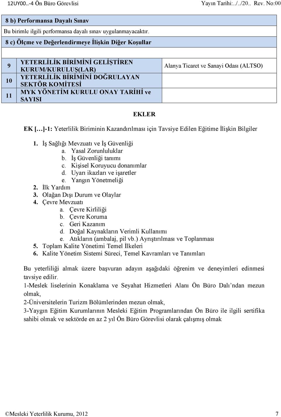 EKLER Alanya Ticaret ve Sanayi Odası (ALTSO) EK [ ]-1: Yeterlilik Biriminin Kazandırılması için Tavsiye Edilen Eğitime İlişkin Bilgiler 1. İş Sağlığı Mevzuatı ve İş Güvenliği a. Yasal Zorunluluklar b.