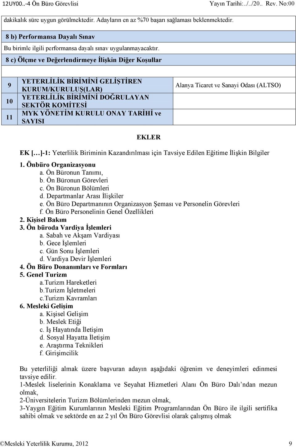 EKLER Alanya Ticaret ve Sanayi Odası (ALTSO) EK [ ]-1: Yeterlilik Biriminin Kazandırılması için Tavsiye Edilen Eğitime İlişkin Bilgiler 1. Önbüro Organizasyonu a. Ön Büronun Tanımı, b.