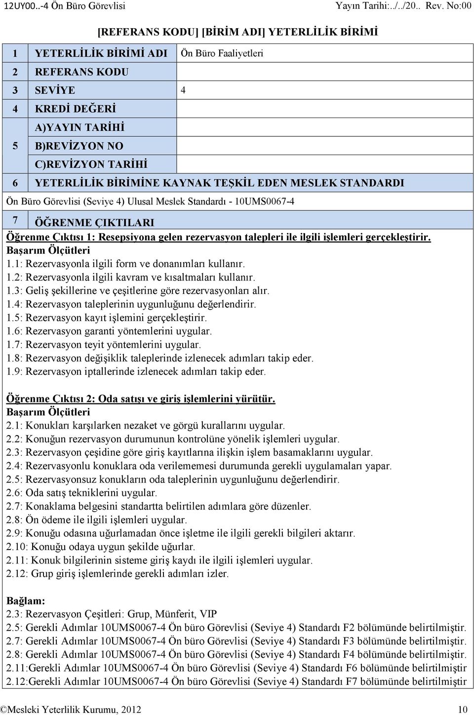 ilgili işlemleri gerçekleştirir. 1.1: Rezervasyonla ilgili form ve donanımları kullanır. 1.2: Rezervasyonla ilgili kavram ve kısaltmaları kullanır. 1.3: Geliş şekillerine ve çeşitlerine göre rezervasyonları alır.